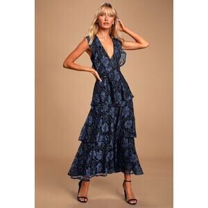 Lulus Molinetto Navy Blue Lace Ruffled Tiered Sleeveless Maxi Dress - Size XS